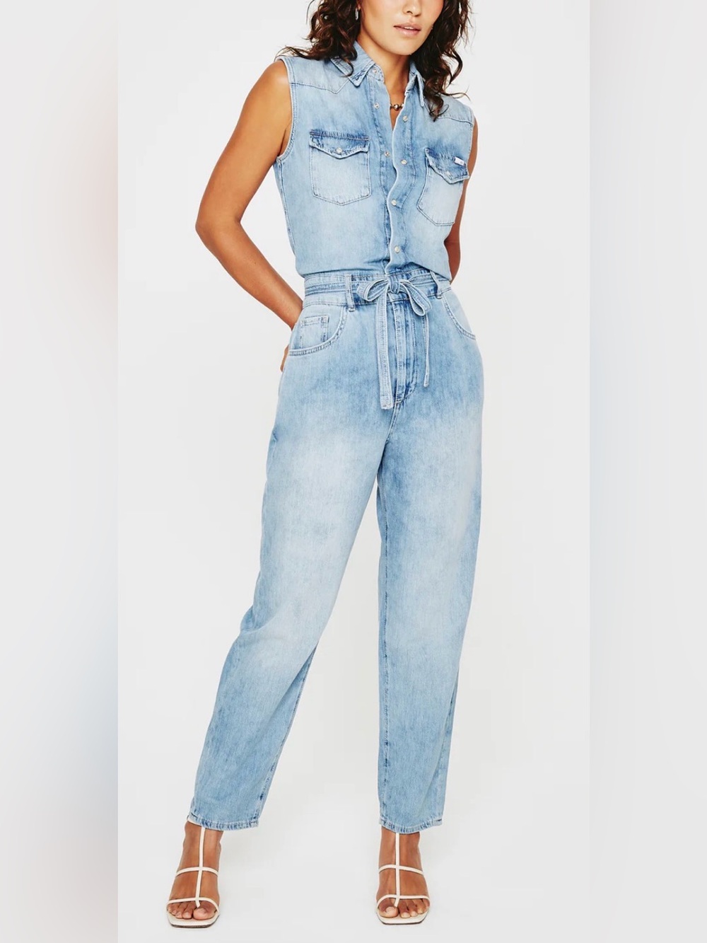 AG Adriano Goldschmied Denim Jumpsuit L Light Wash Sleeveless Tie Waist Western
